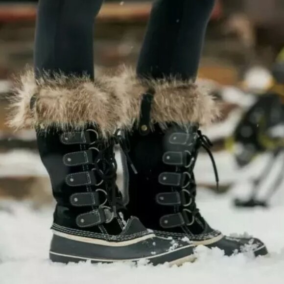 Sorel Shoes - SOREL Joan of Arctic Snow Winter Boots 10 Black Waterproof Leather Faux Fur Cuff